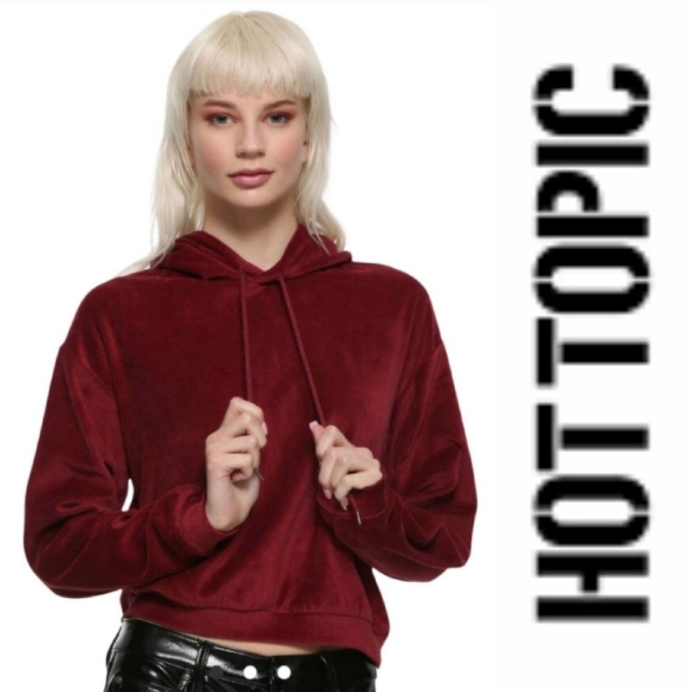 Hot Topic Burgundy Velour Girls Crop Hoodie - Picture 1 of 11